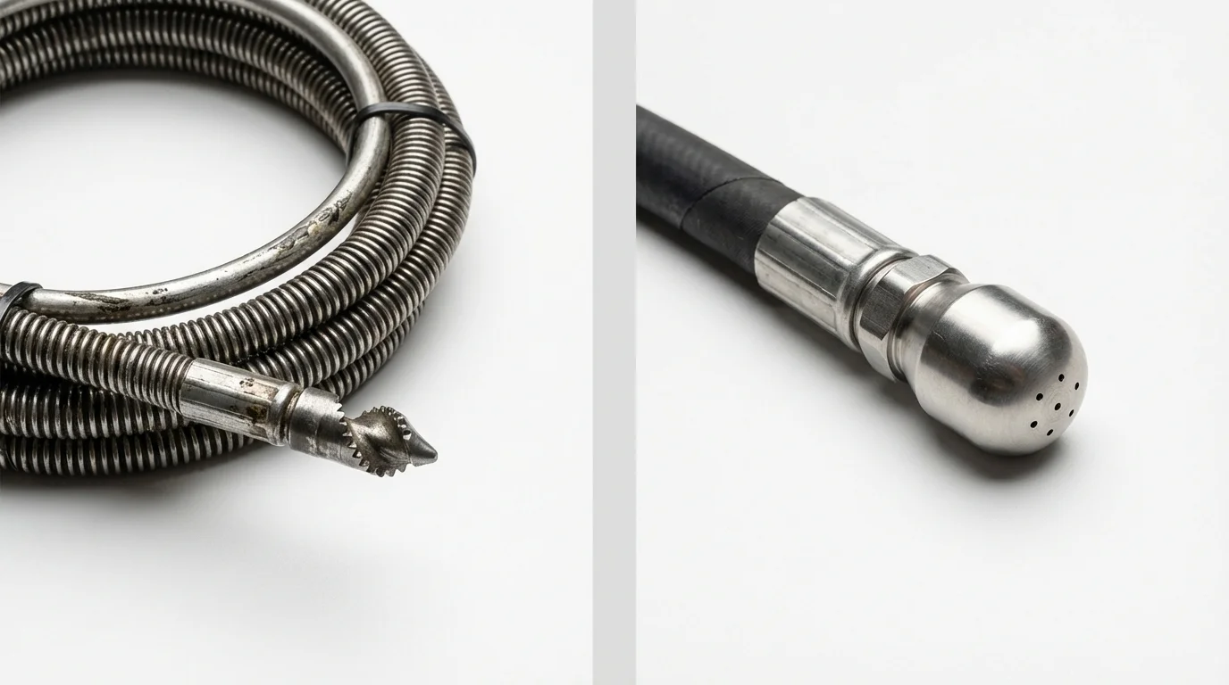 Drain snake cable and hydro jetting nozzle used for drain cleaning in Highland Park, IL