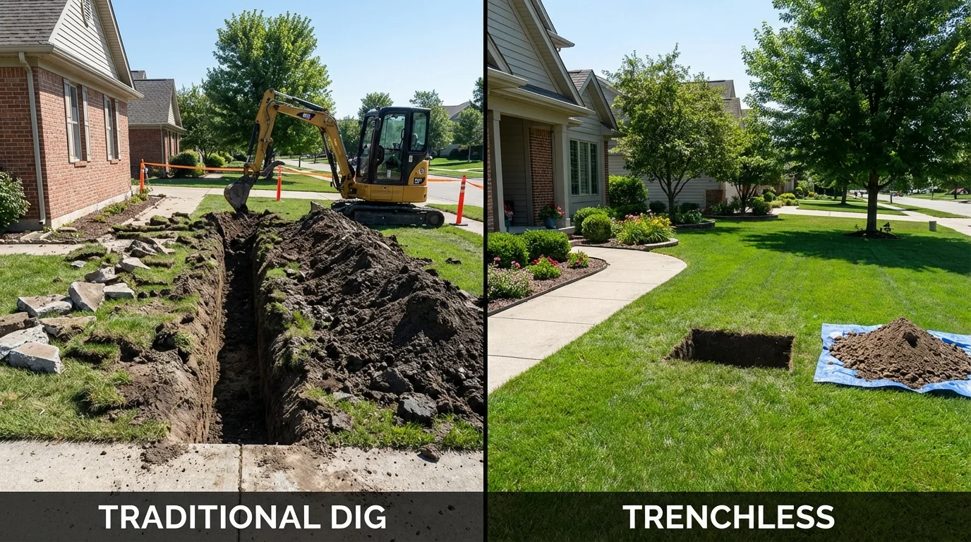 Trenchless sewer repair with minimal yard damage versus traditional excavation in Highland Park, IL
