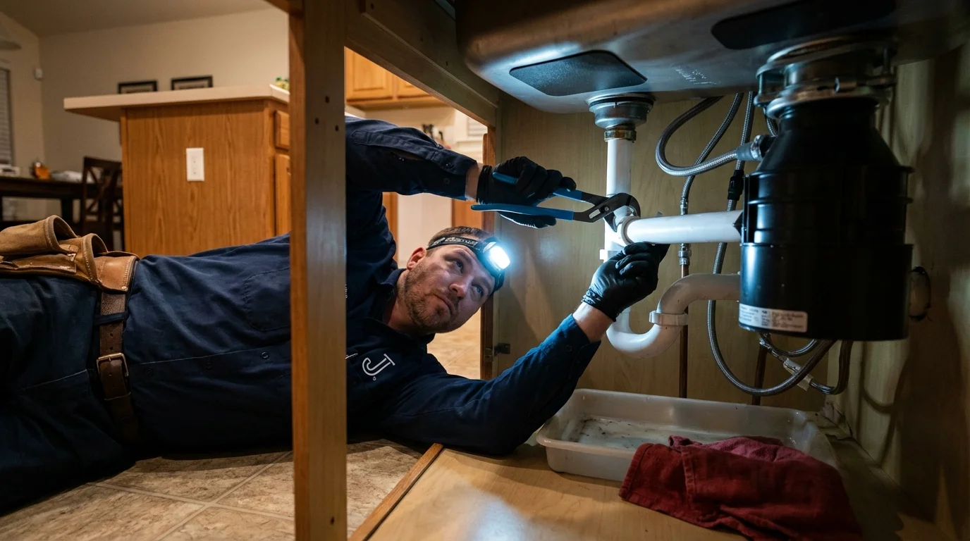 P-trap and supply line connections under a kitchen sink showing a common leak point in Highland Park, IL